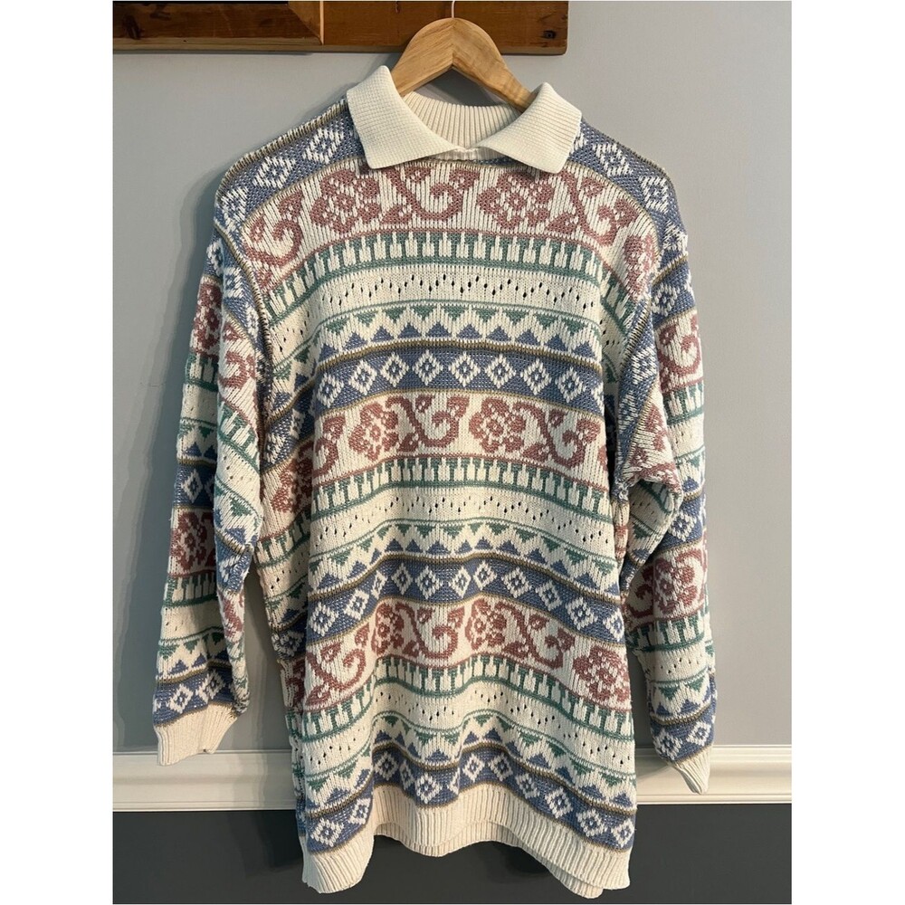 Vintage 80s 90s Cottagecore Grandpa Knit Collared Sweater 1X USA